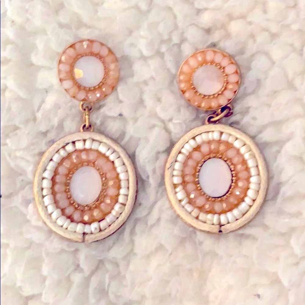 Pink white and gold dangly earrings